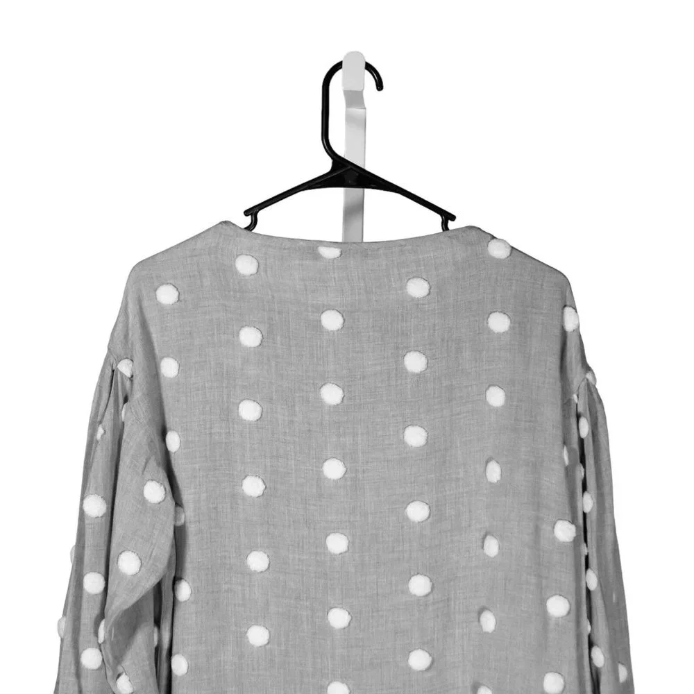 Zara Women's Blouse Gray White Polka Dot Pom Pom Puff Sleeve Coquette Top Small